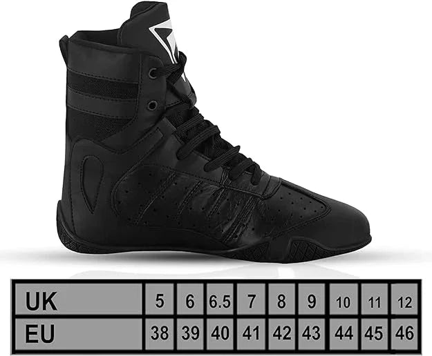 Black boxing shoe with laces, size chart showing UK and EU sizes below