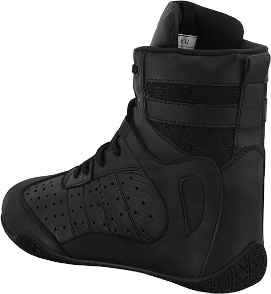 black high-top boxing shoe with breathable perforations and lace-up design