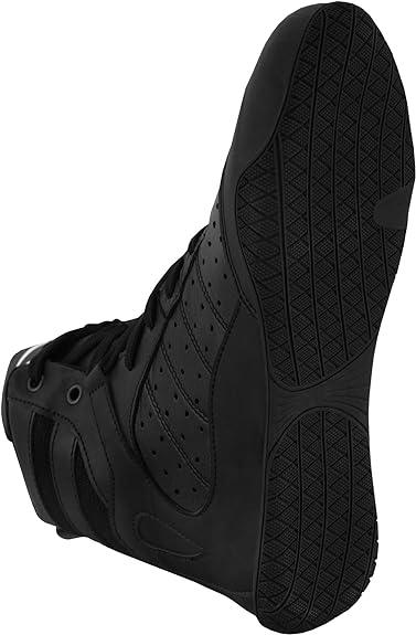 Black breathable boxing shoe with high-top design and textured rubber sole