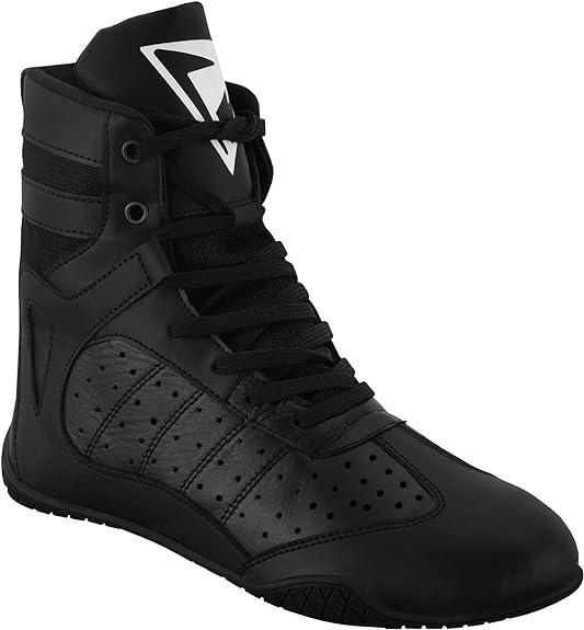 Black breathable boxing and wrestling shoe with high ankle support and perforated panels