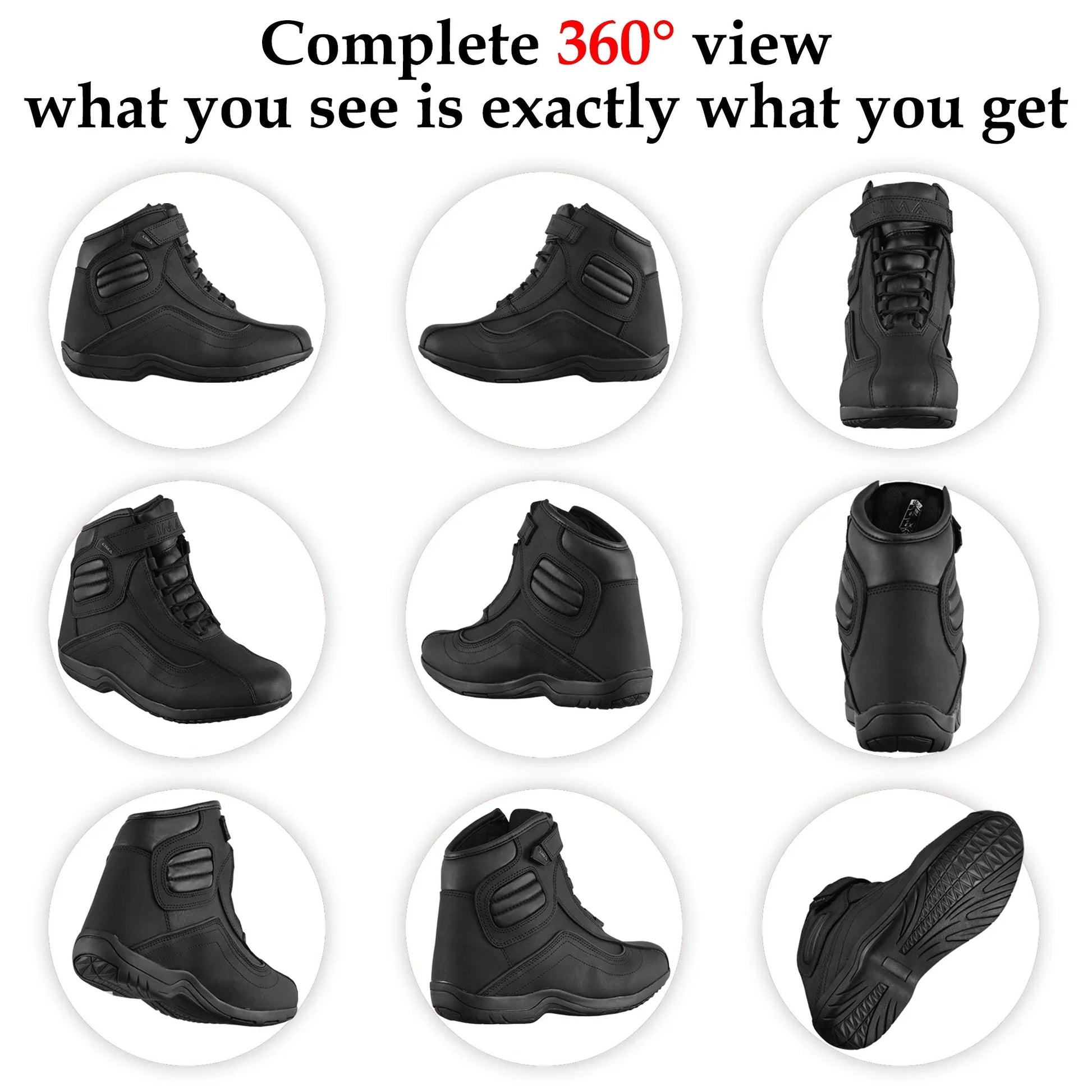 All-angle 360 view of black high-top athletic sports boots with textured soles