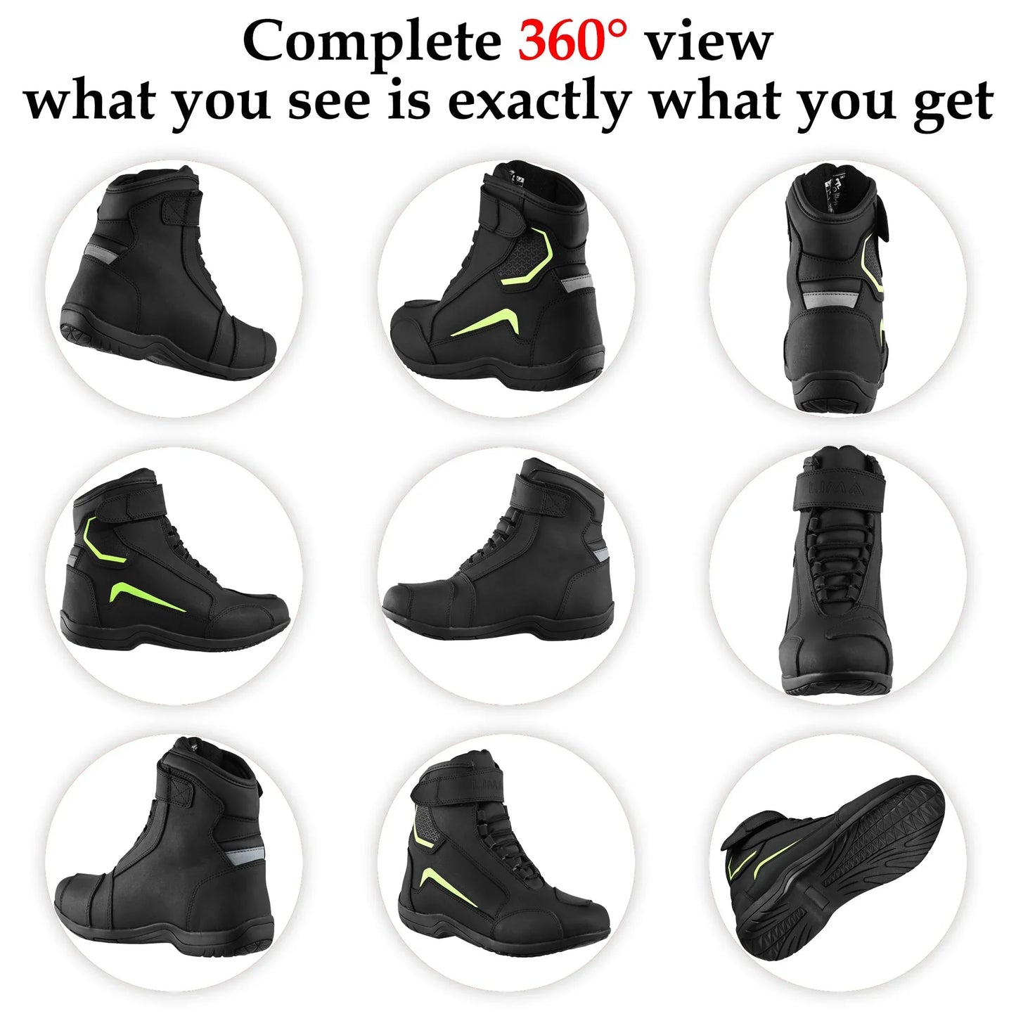 Black motorcycle riding boots with reflective and neon accents shown in a 360 degree view