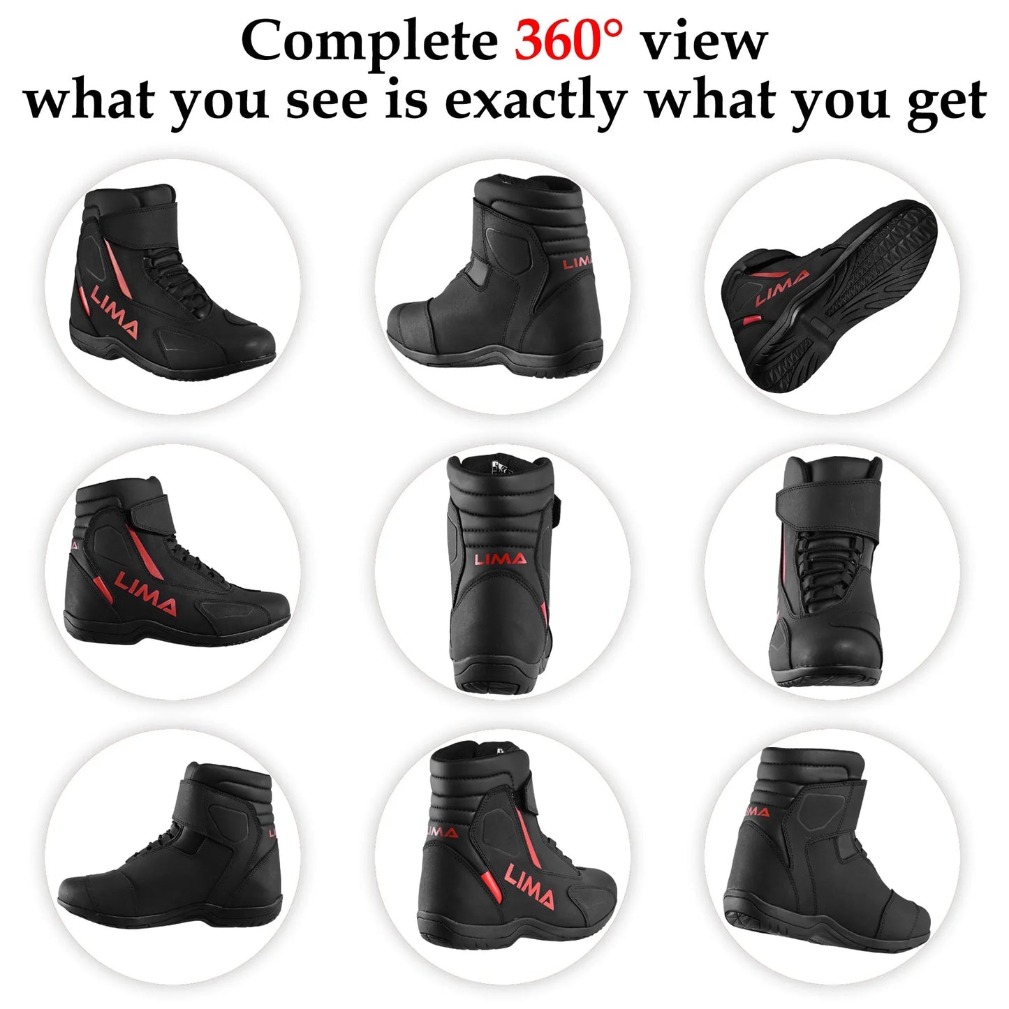 Black high-top sports shoes with red LIMA logo shown from multiple angles in a 360° view