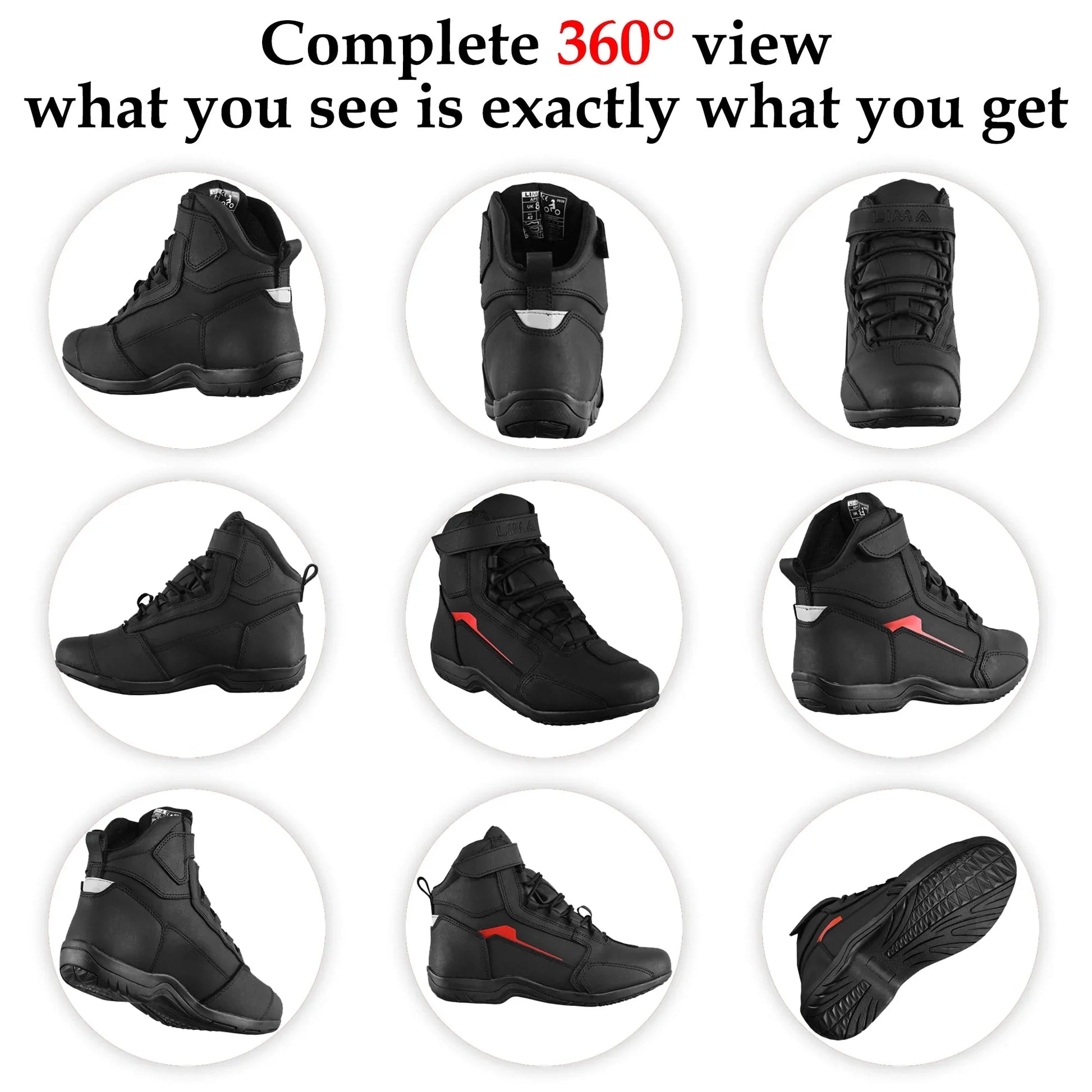 Black high-top sports shoes shown from multiple angles, red accent detail, rubber sole