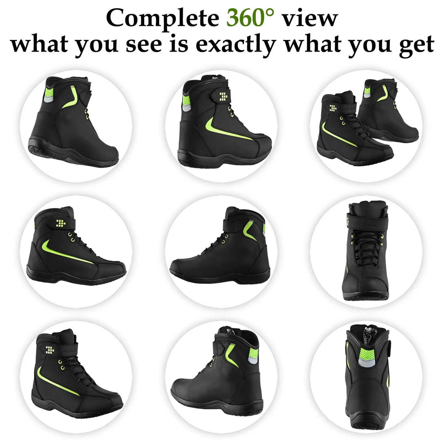 Black sports boots with neon green accents shown in 360-degree all angle view.