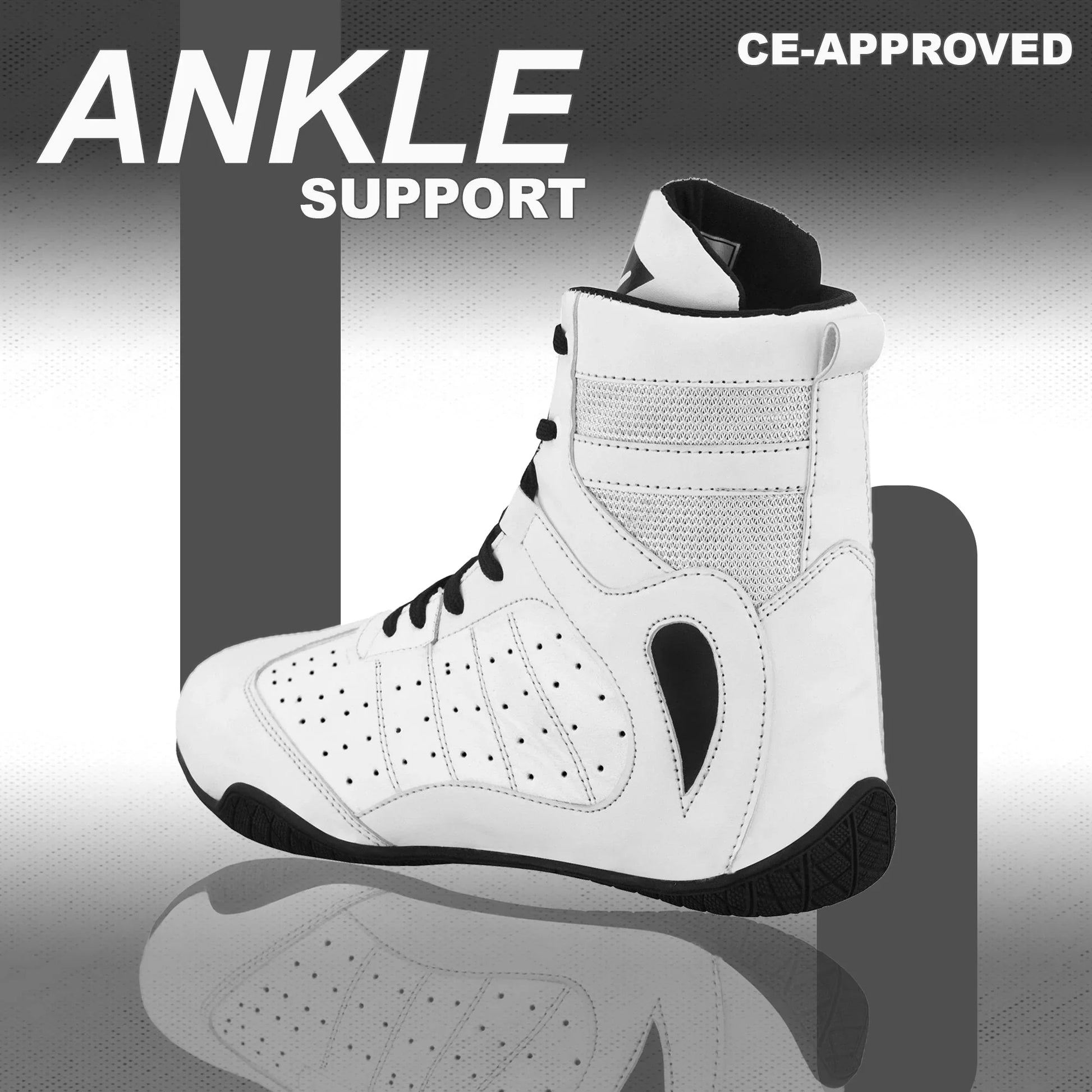 White high-top sports shoe with ankle support and black accents, CE-approved, on graphic background.