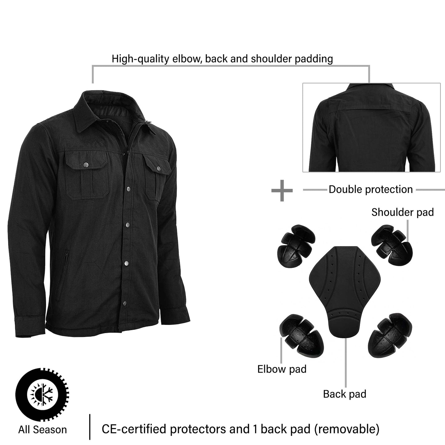 Mens Motorbike Shirt Jacket ARAMID Lined CE Approve Motorcycle Armour Protection Black