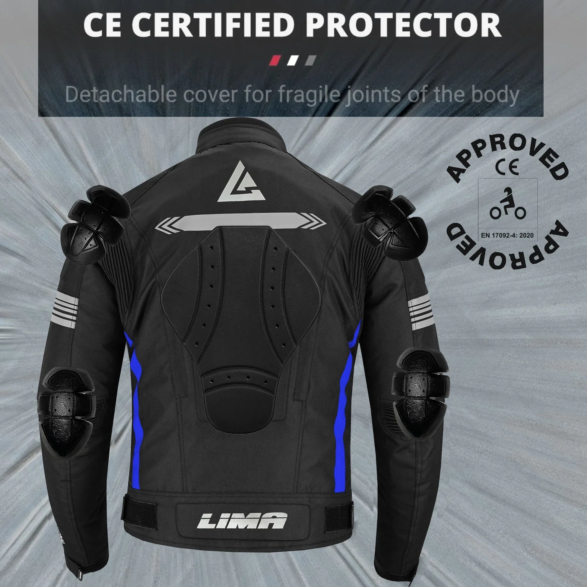 CE certified motorcycle protective jacket with detachable armor and joint protection, back view
