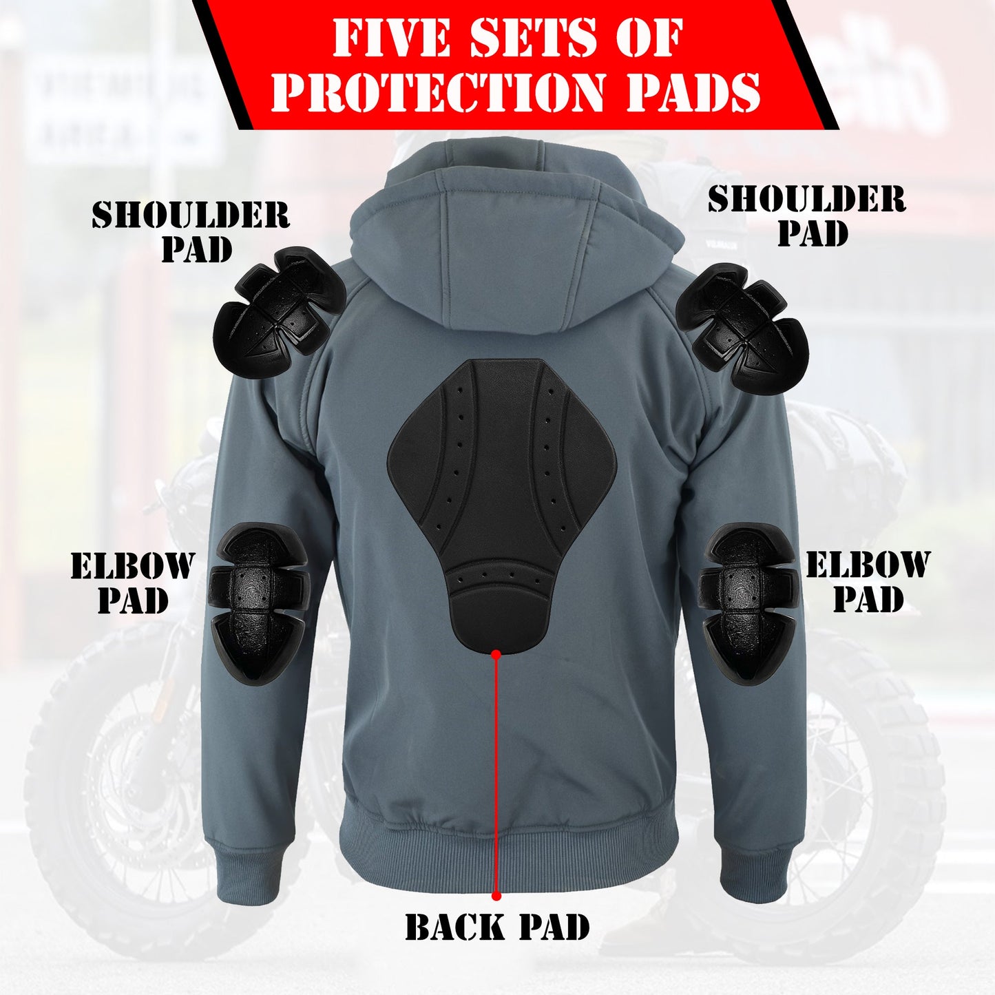 LIMA Men’s Softshell Motorcycle Jacket with Removable CE Armour – Touring Hoodie GREY