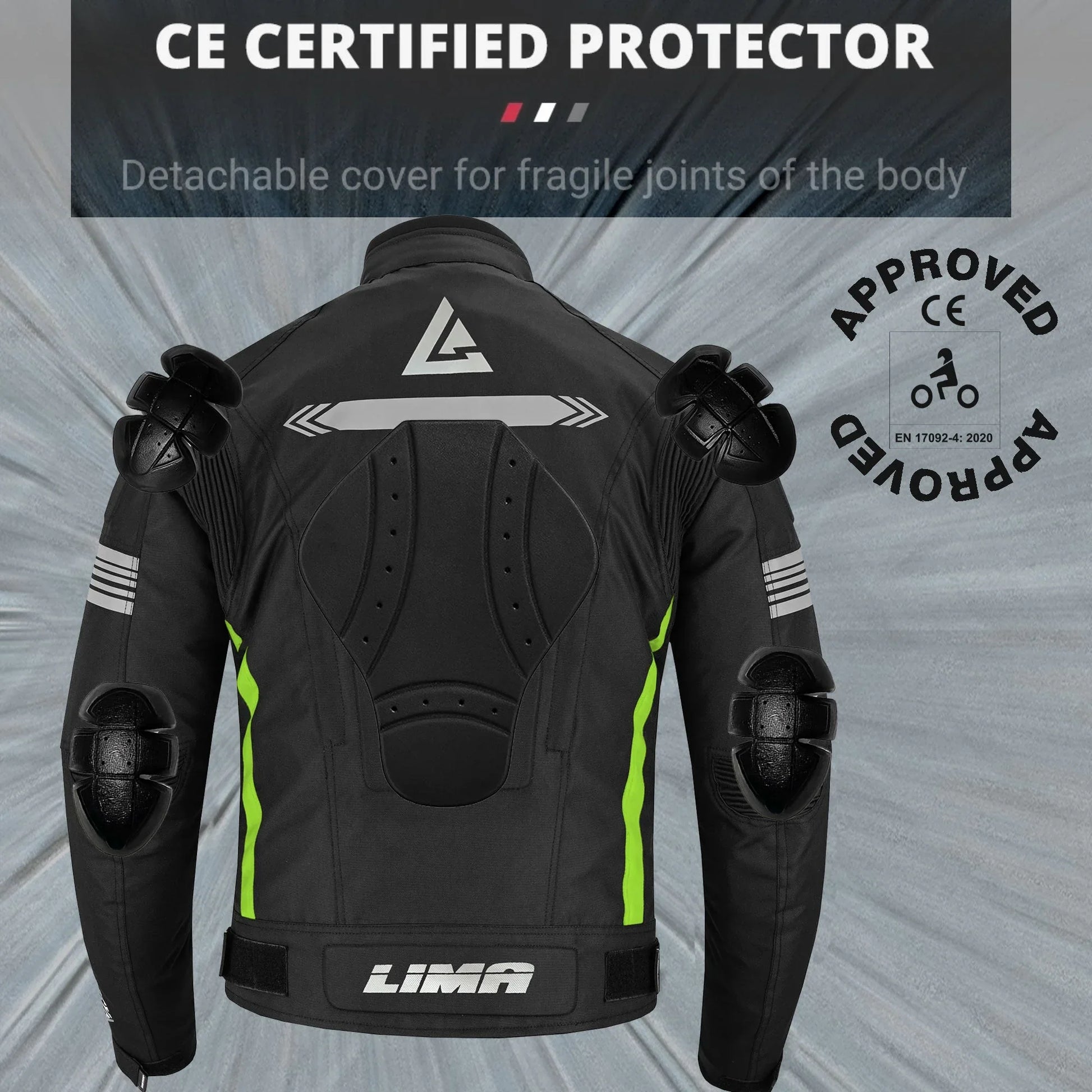 CE certified motorcycle jacket with protective padding and reflective details, rear view