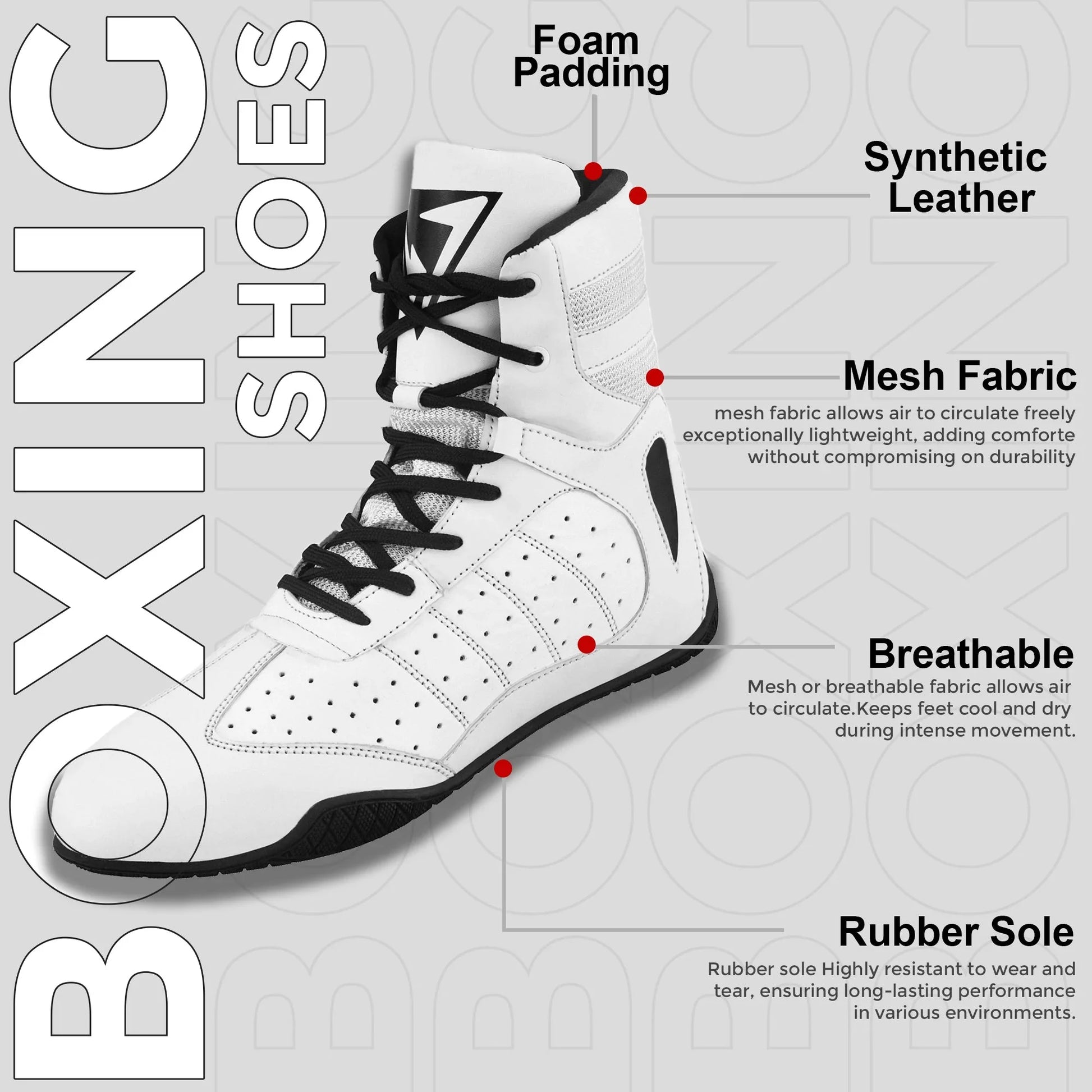 White boxing shoe with foam padding, synthetic leather, breathable mesh fabric, and rubber sole