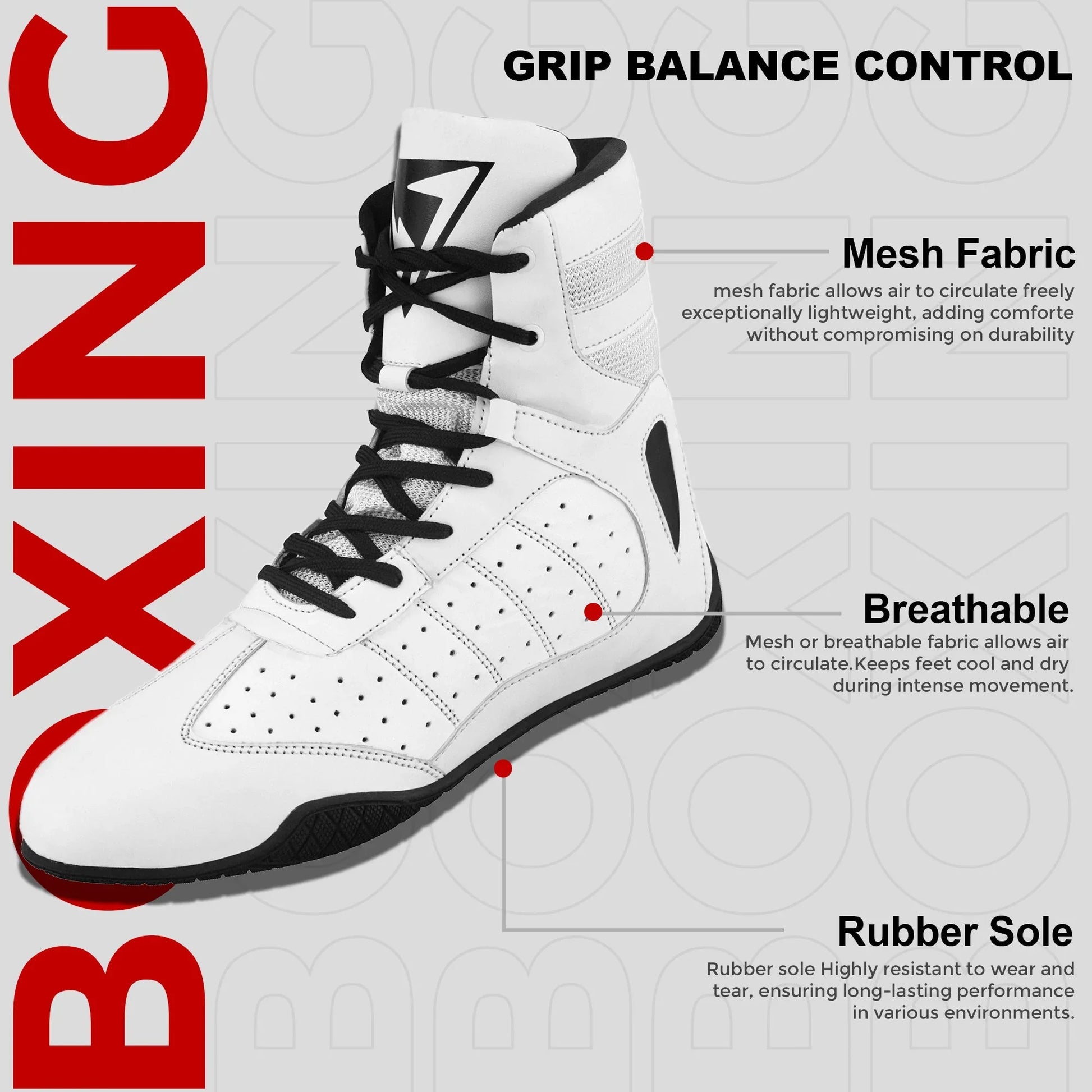 White high-top boxing shoe with black laces, mesh fabric, breathable design, and rubber sole