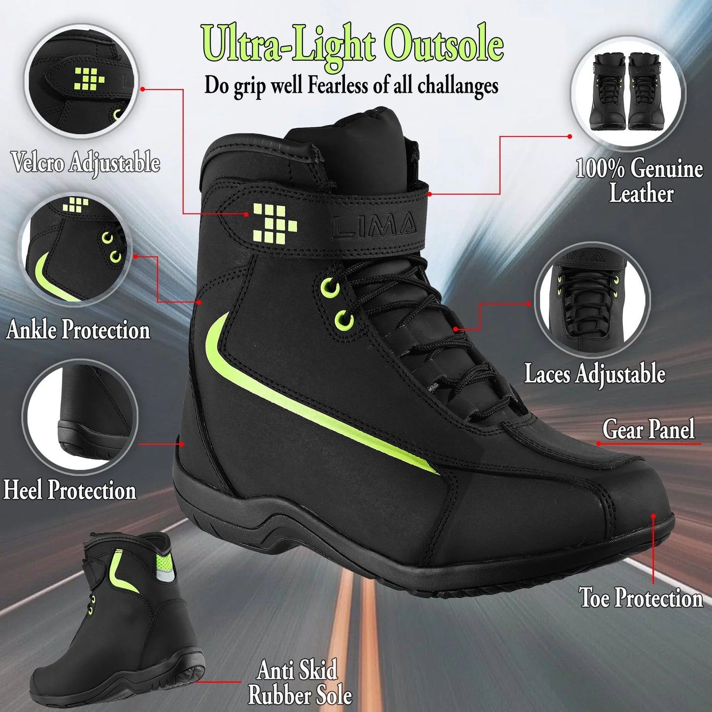 Black ultra-light sports boot with ankle, heel, and toe protection, anti-skid rubber sole, adjustable laces and velcro, and neon accents.