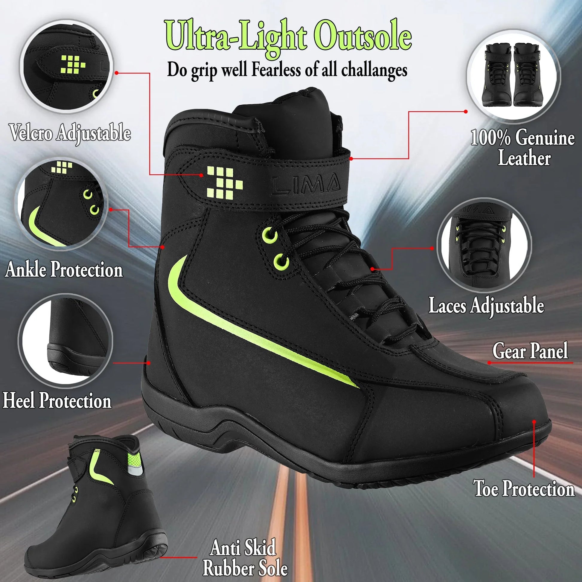 Black ultra-light sports boot with ankle, heel, and toe protection, anti-skid rubber sole, adjustable laces and velcro, and neon accents.