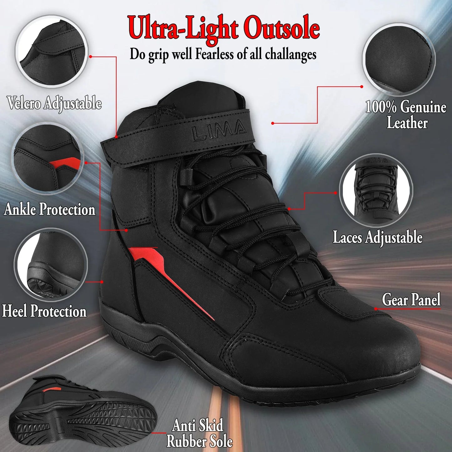 Black sports shoe with ultra-light outsole, ankle protection, anti-skid sole, genuine leather, adjustable laces