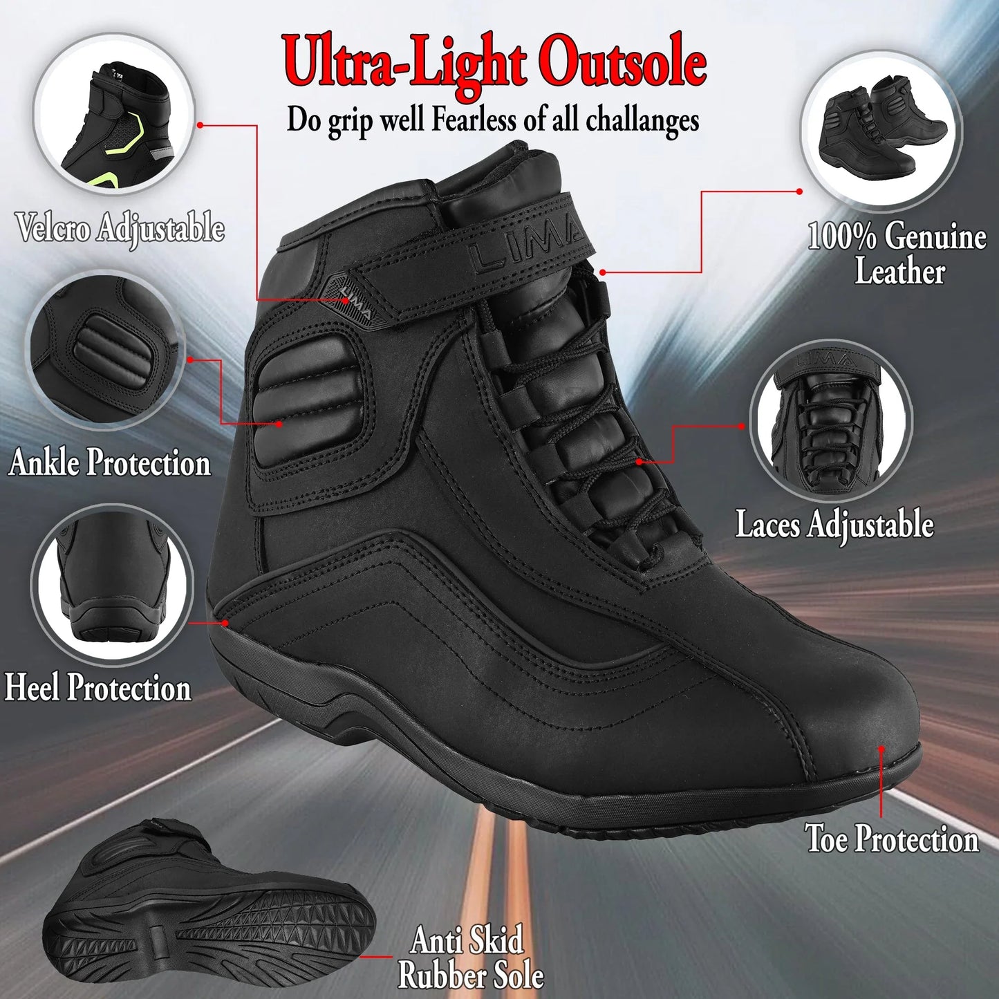 Black sports shoe with ultra-light anti-skid sole, ankle and toe protection, adjustable laces, velcro, 100% genuine leather, and heel protection.