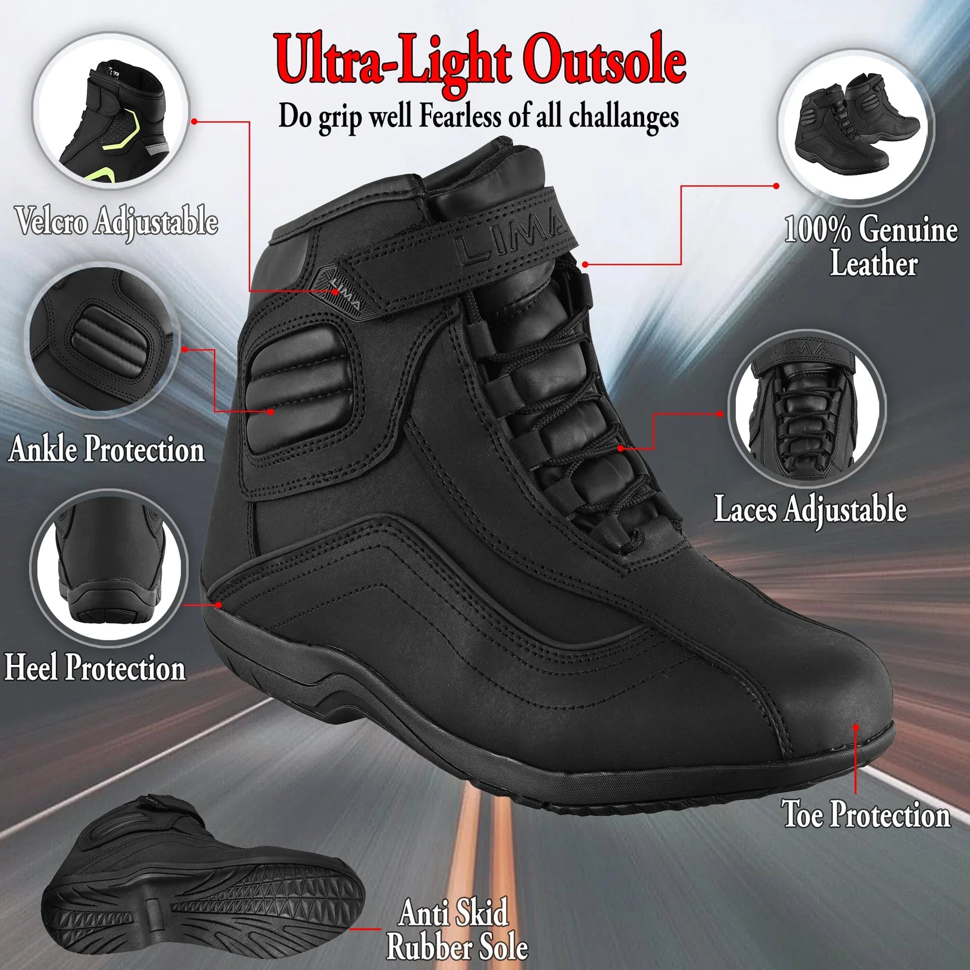 Black sports shoe with ultra-light anti-skid sole, ankle and toe protection, adjustable laces, velcro, 100% genuine leather, and heel protection.