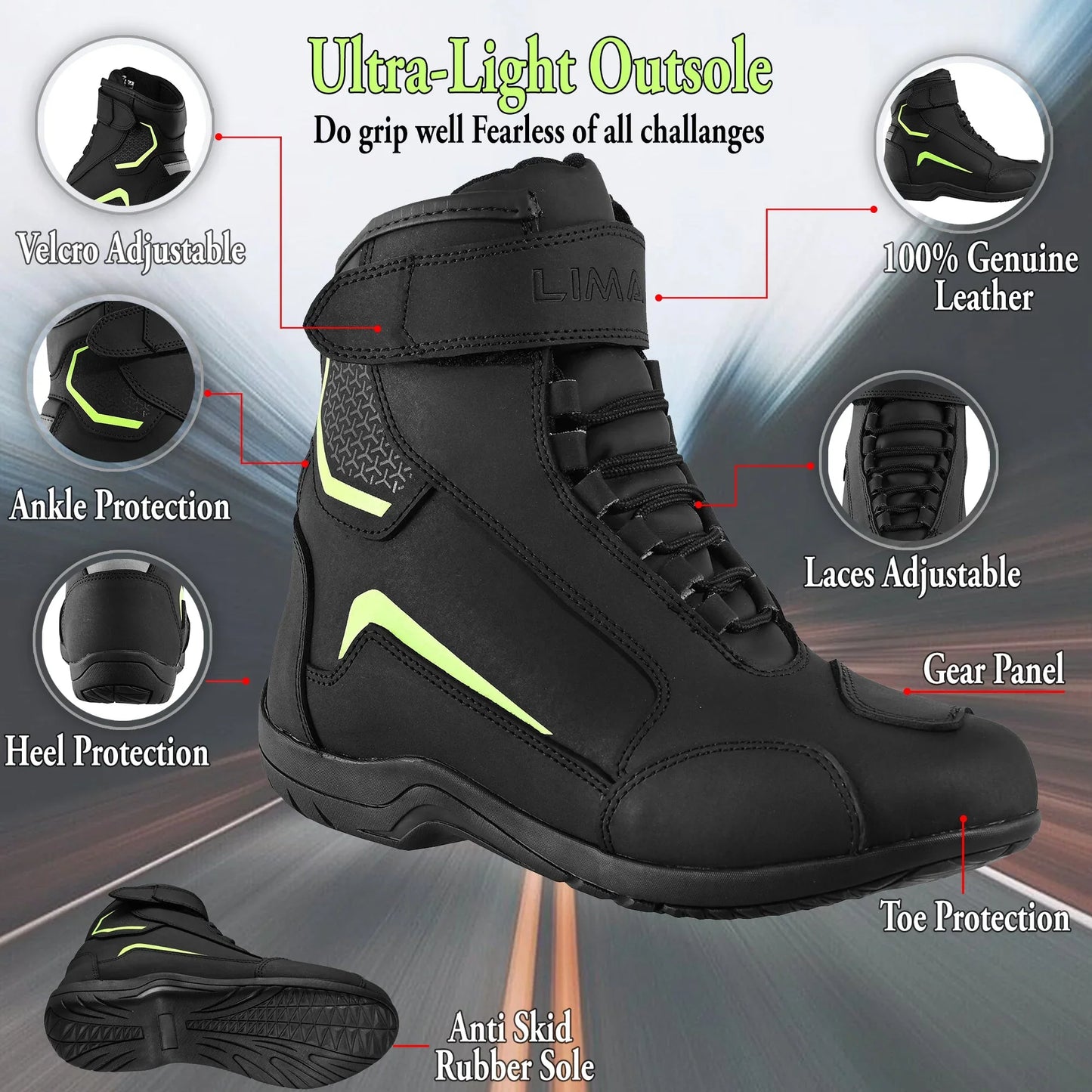 Black motorcycle riding boots with neon accents, ultra-light outsole, ankle and toe protection, anti-skid sole.