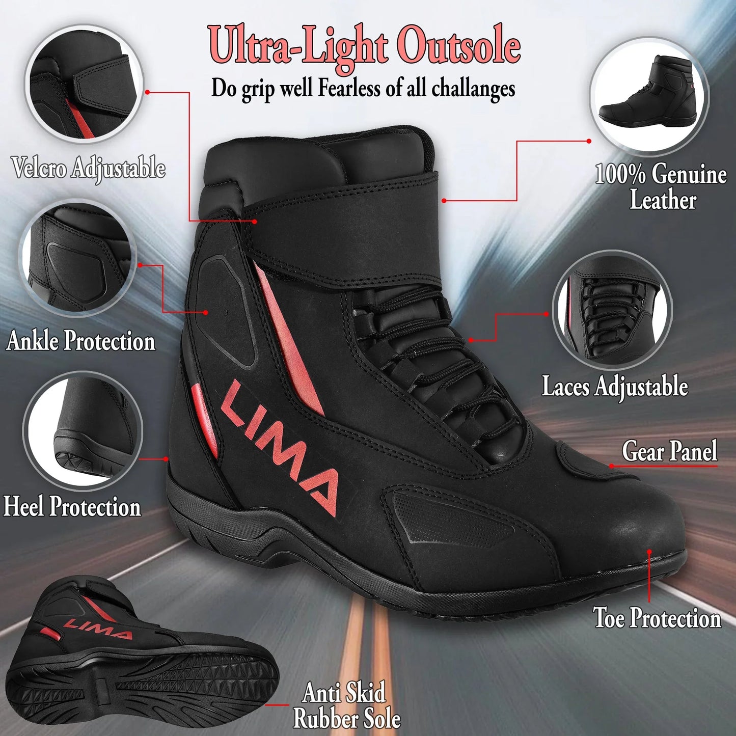 Black motorcycle riding shoe with adjustable laces and velcro, anti-skid sole, ankle, heel, and toe protection, genuine leather, and gear panel features highlighted.