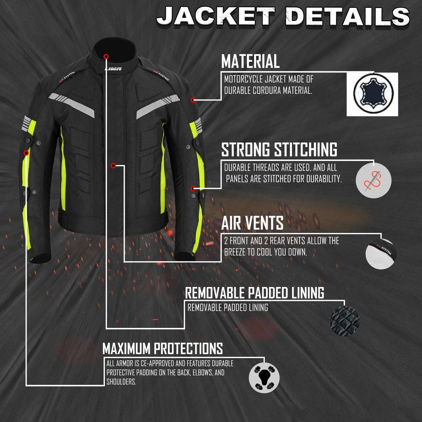 Black and neon yellow motorcycle jacket with Cordura material, air vents, padding, and strong stitching.