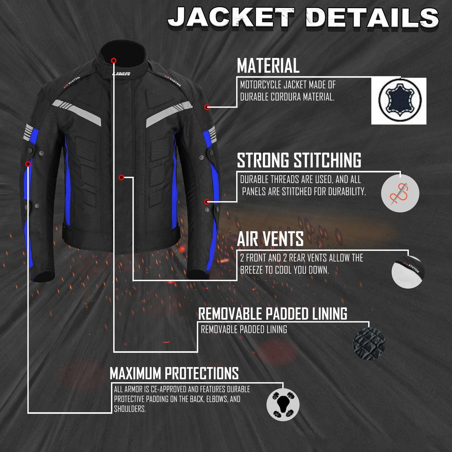 Black and blue motorcycle jacket with air vents, strong stitching, protective armor, and removable padded lining.