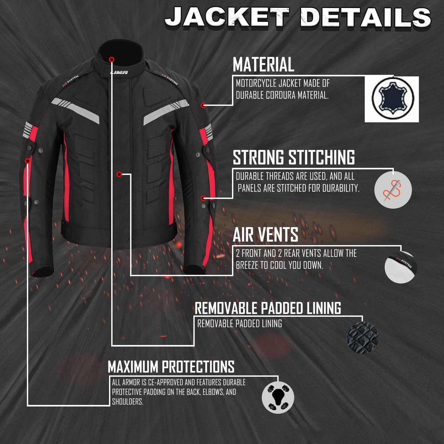 Red Mens Motorcycle Waterproof Cordura Textile Jacket Motorbike CE2 Approved Armours