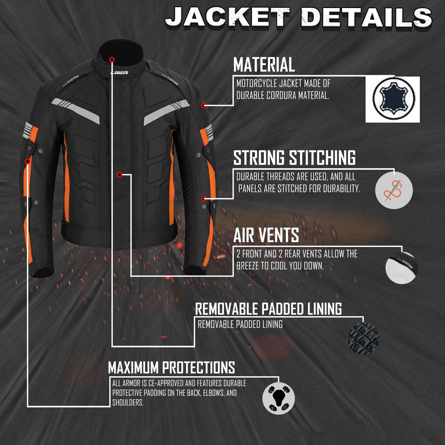 ORANGE Mens Motorcycle Waterproof Cordura Textile Jacket Motorbike CE2 Approved Armours