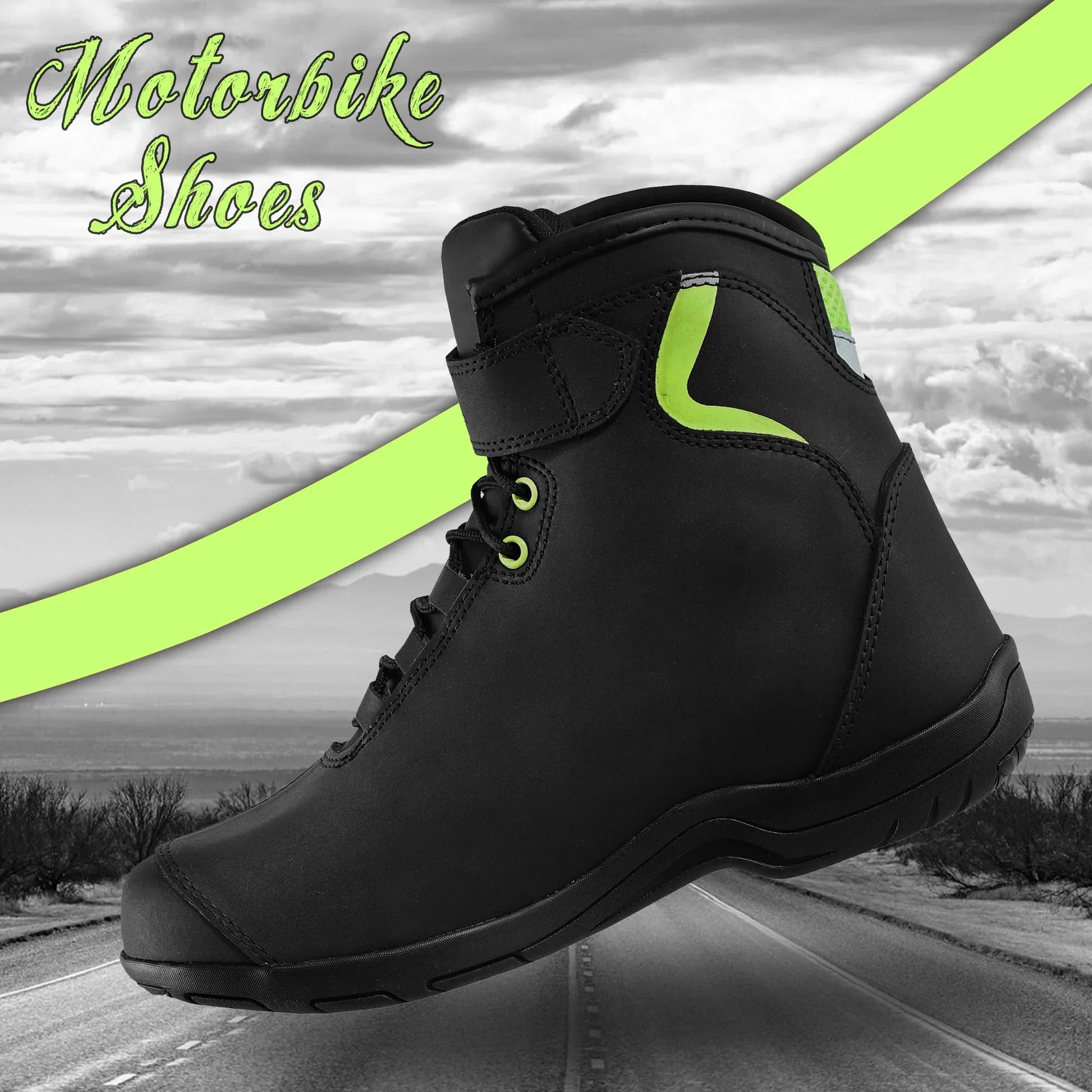 Black and neon green motorbike shoe with high top design on an open road backdrop