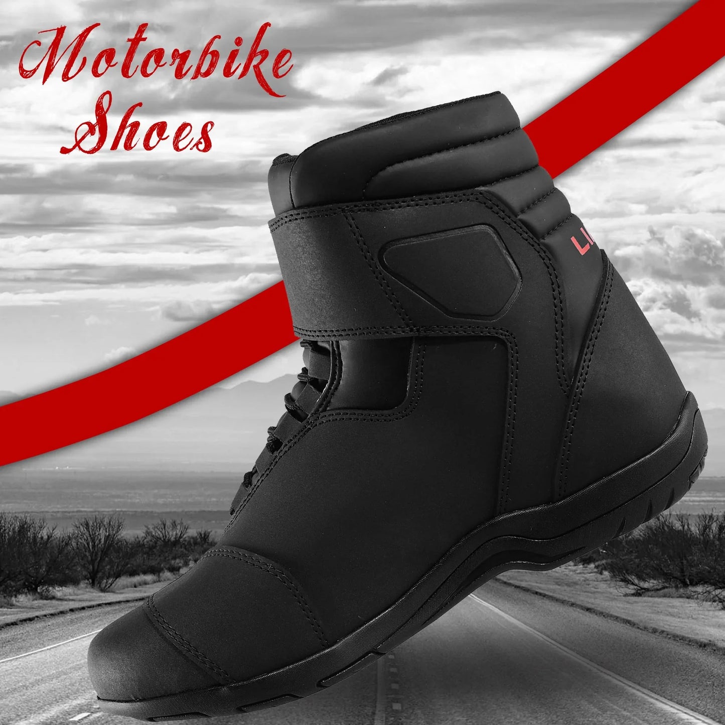 Black motorbike riding shoe with velcro strap and laces on open highway background