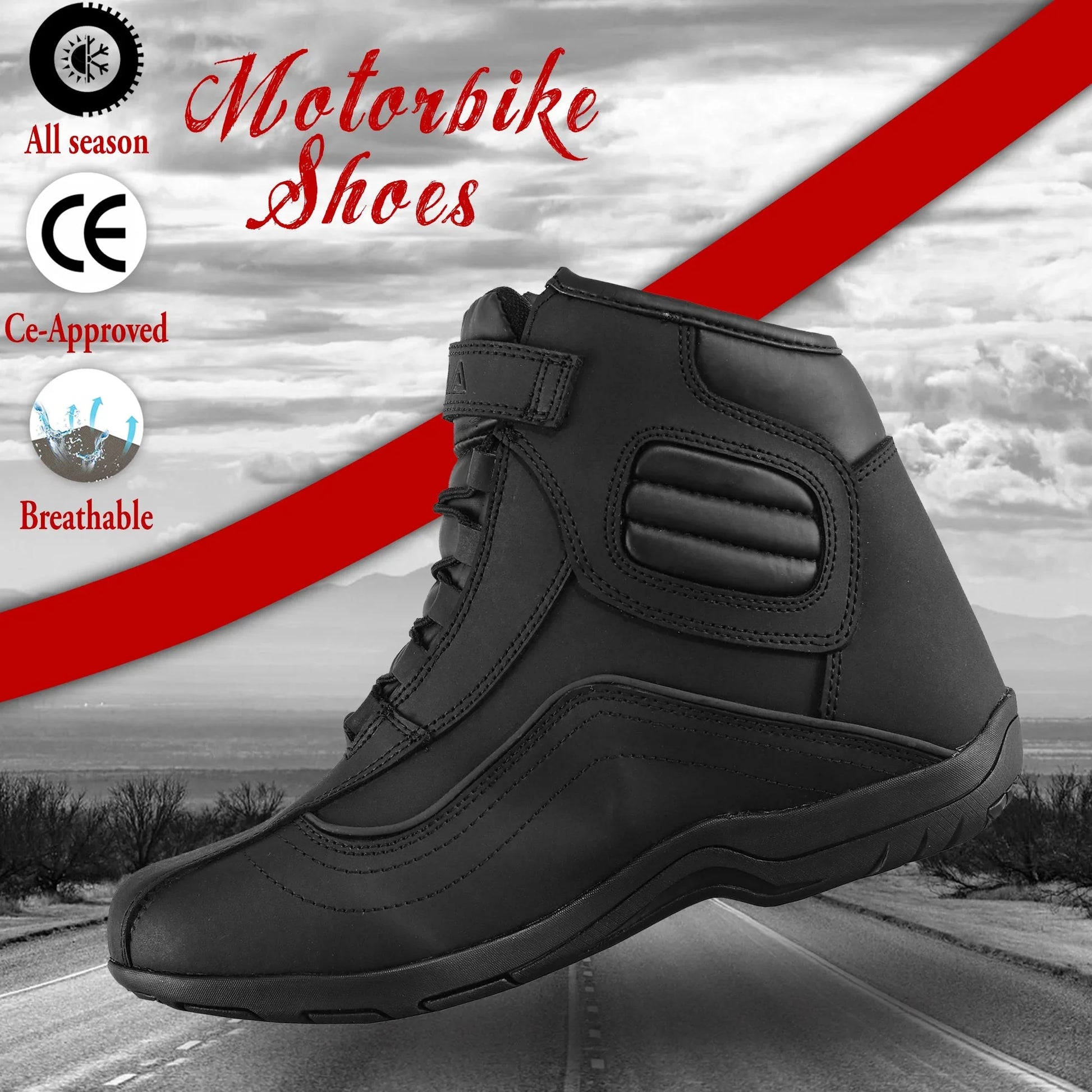 Black motorbike shoe with breathable design, CE approved, all season, on road background