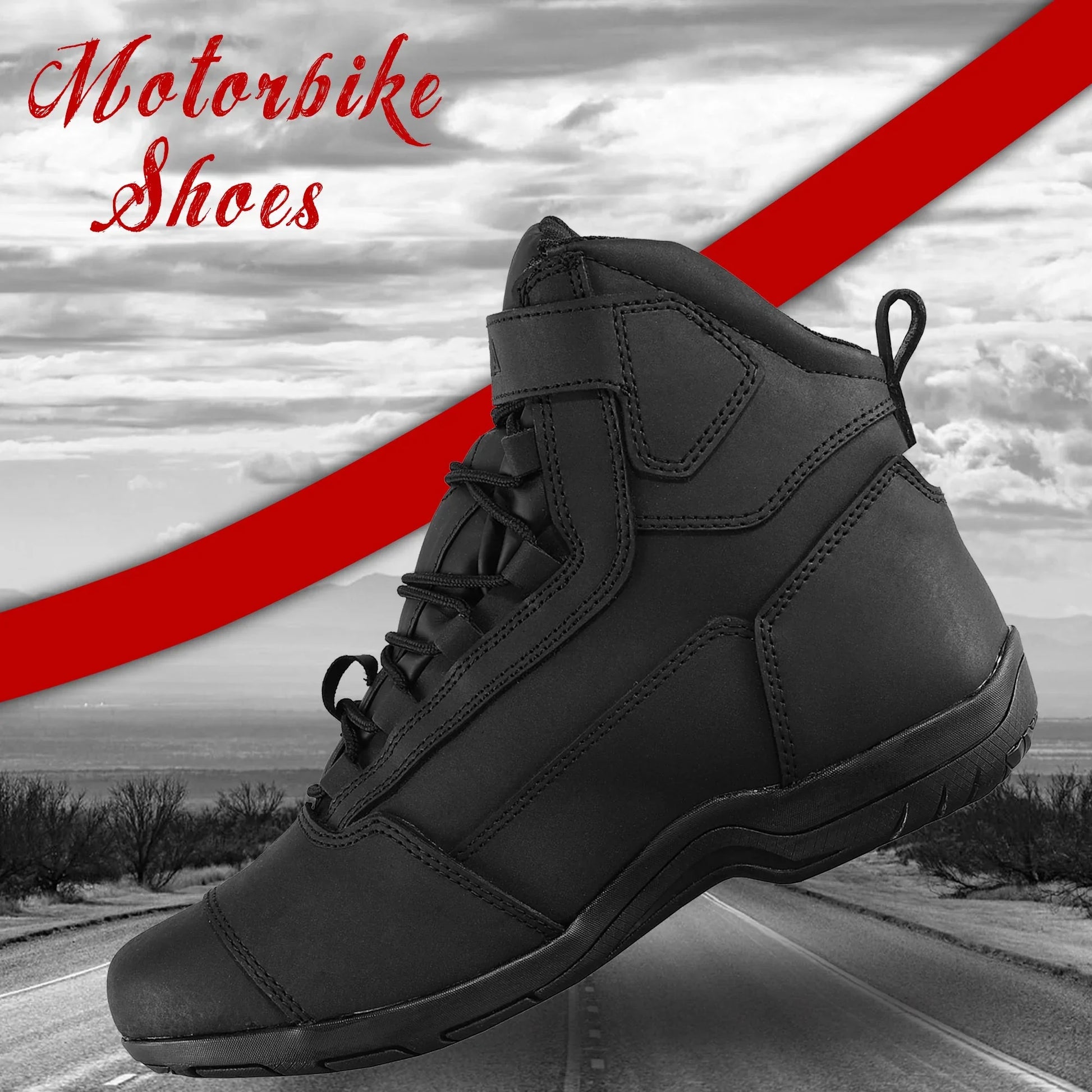 Black motorbike riding shoe with laces, rugged sole, on open road background