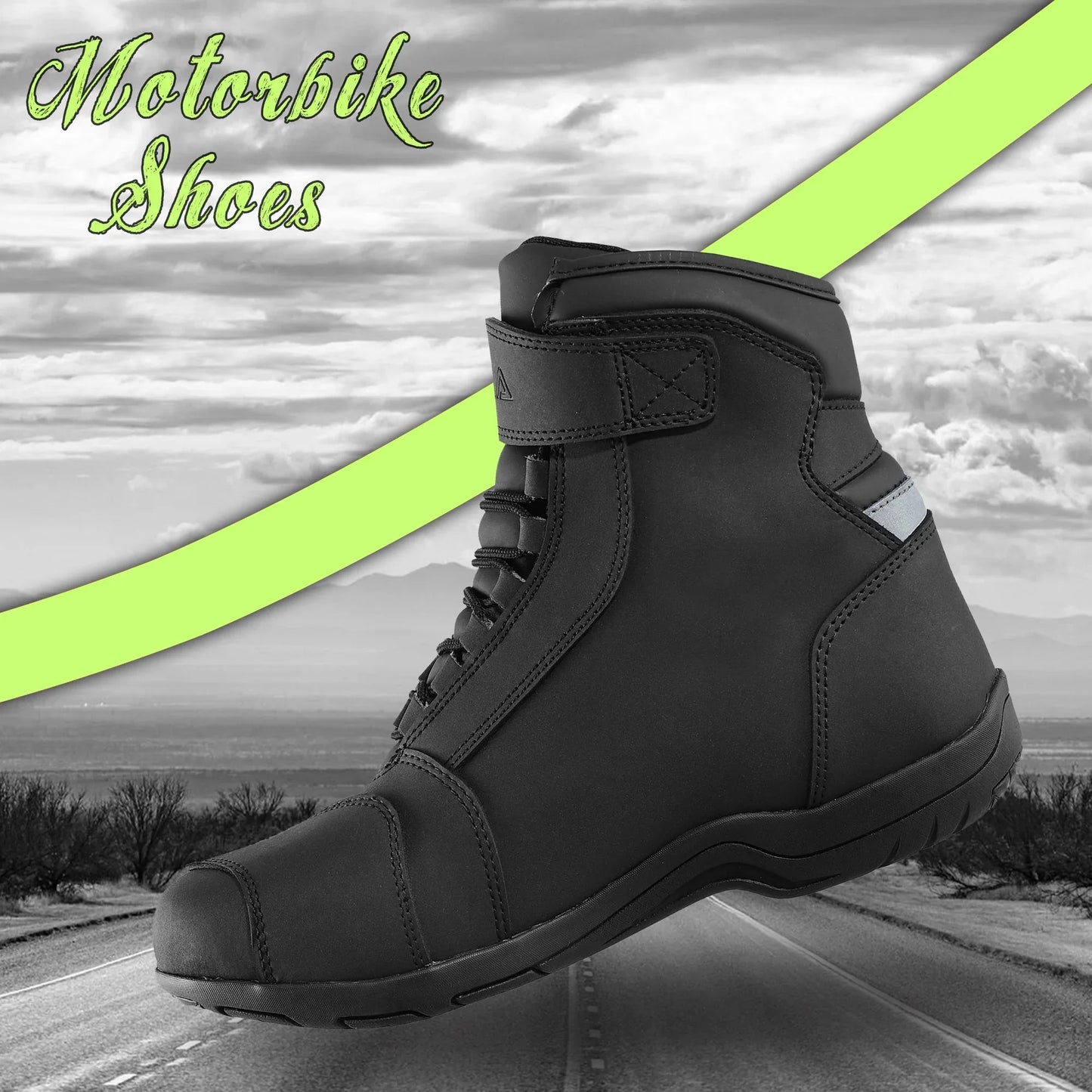 Black motorbike shoe with laces and velcro, showcased on open road background
