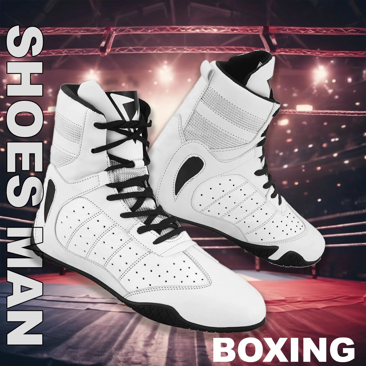 White men's boxing shoes with black laces in a boxing ring, athletic footwear