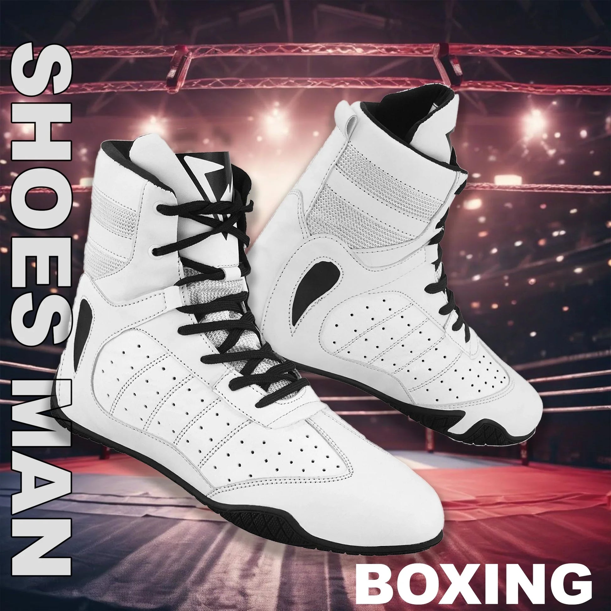 White men's boxing shoes with black laces in a boxing ring, athletic footwear