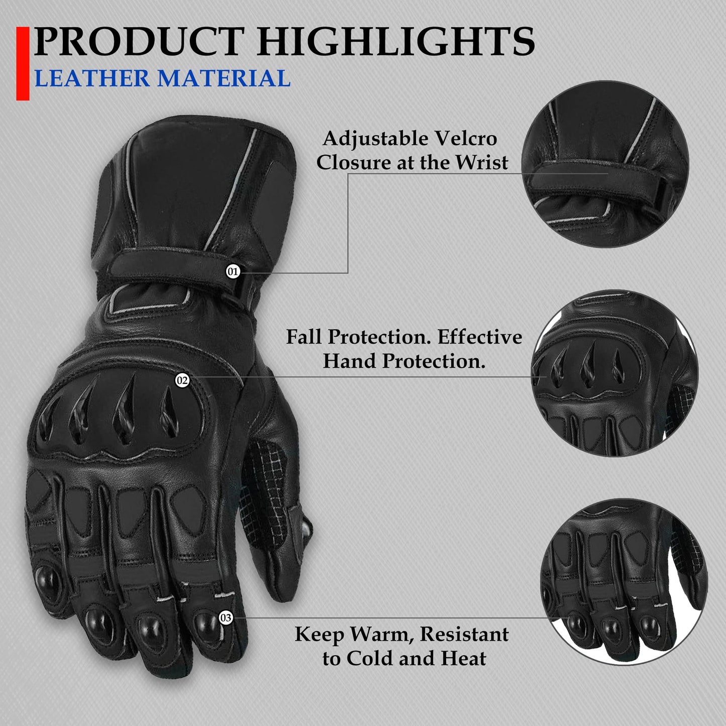 Men Motorbike Textile Leather Gloves Waterproof Padded Knuckles Motorcycle Glove BLACK
