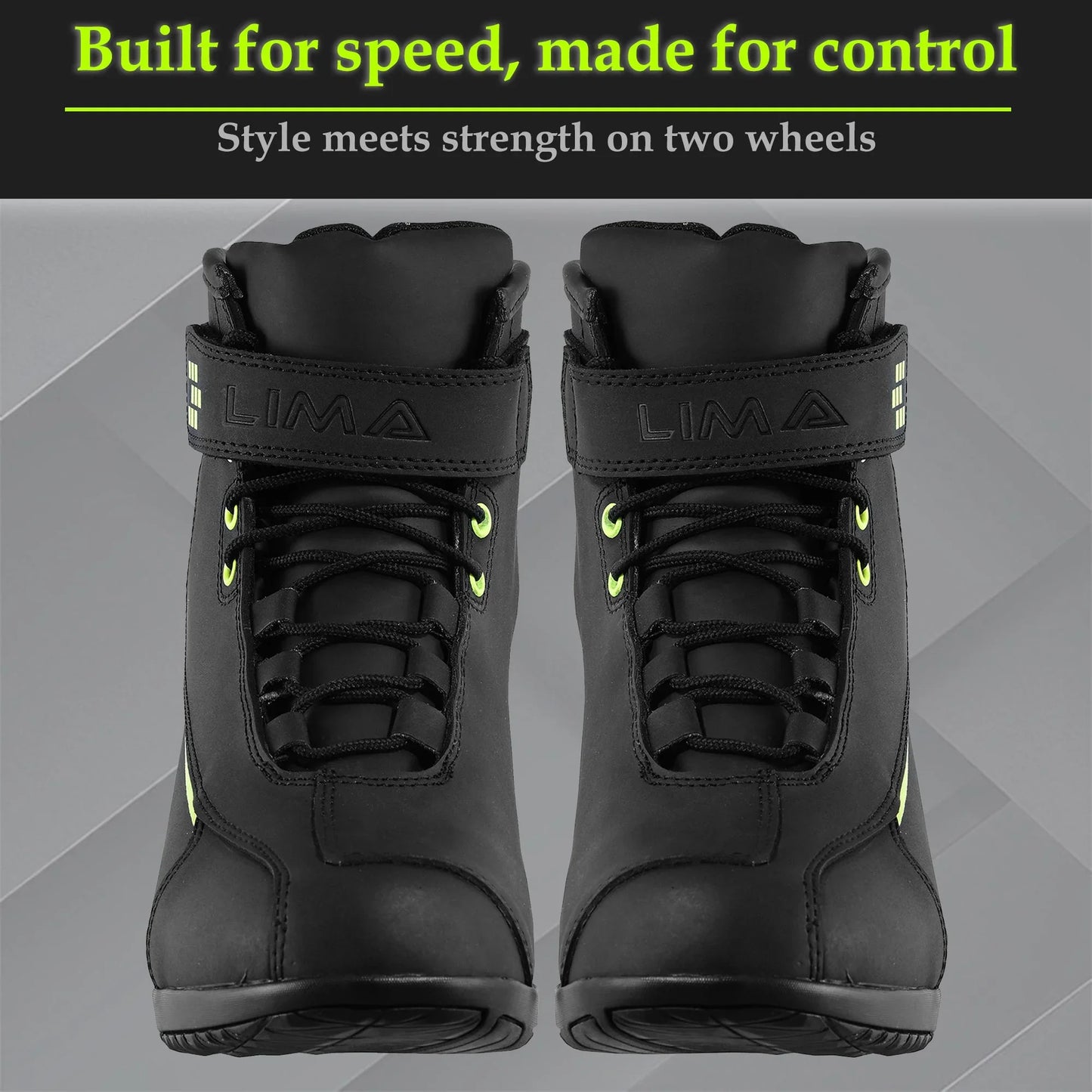 Front view of black Lima sports motorcycle boots with neon accents and ankle straps