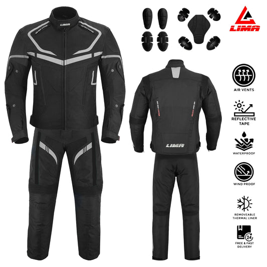Black motorcycle jacket and pants set with armor, reflective tape, waterproof and windproof features, front and back views shown.