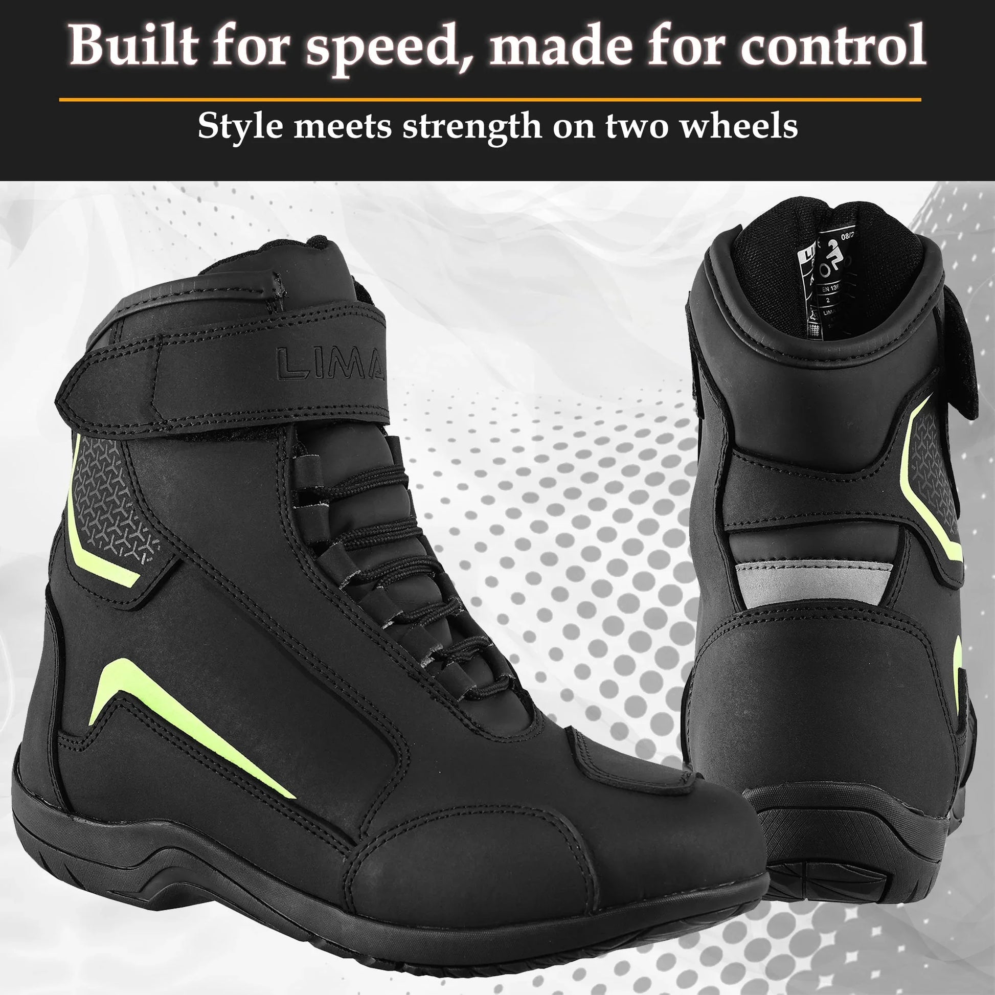 Black motorcycle riding boots with neon accents, side and back view on modern background