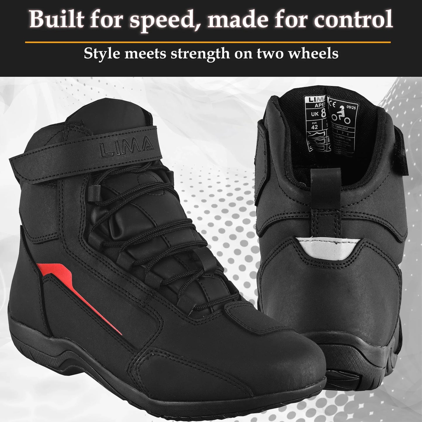 Black motorcycle riding boots with laces, ankle strap, and red accent, front and back view