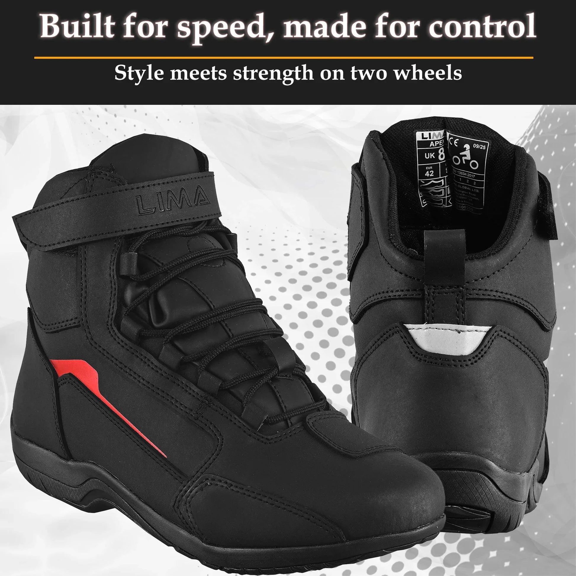 Black motorcycle riding boots with laces, ankle strap, and red accent, front and back view