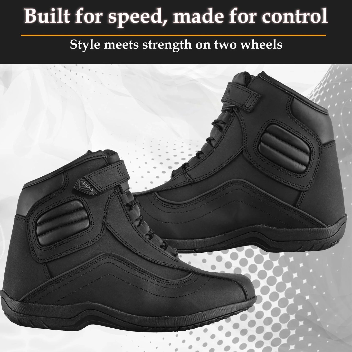 Black motorcycle riding boots with ankle protection and reinforced panels, side view