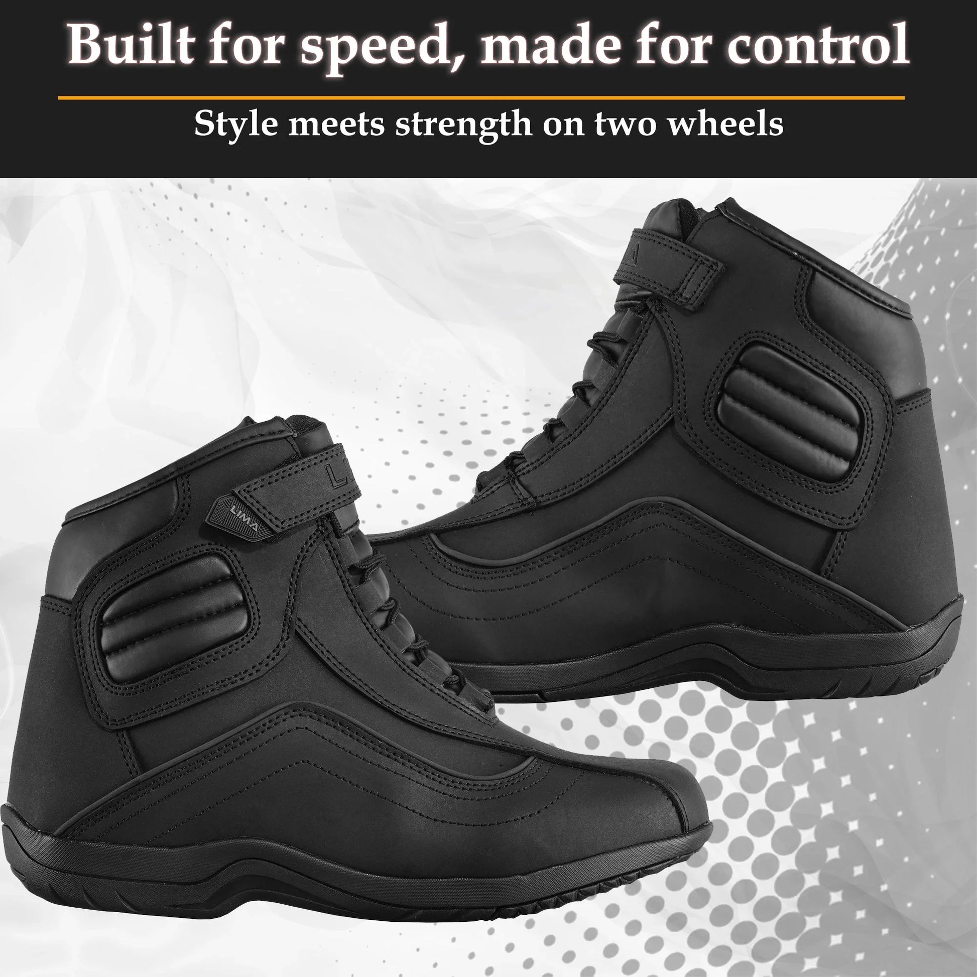 Black motorcycle riding boots with ankle protection and reinforced panels, side view