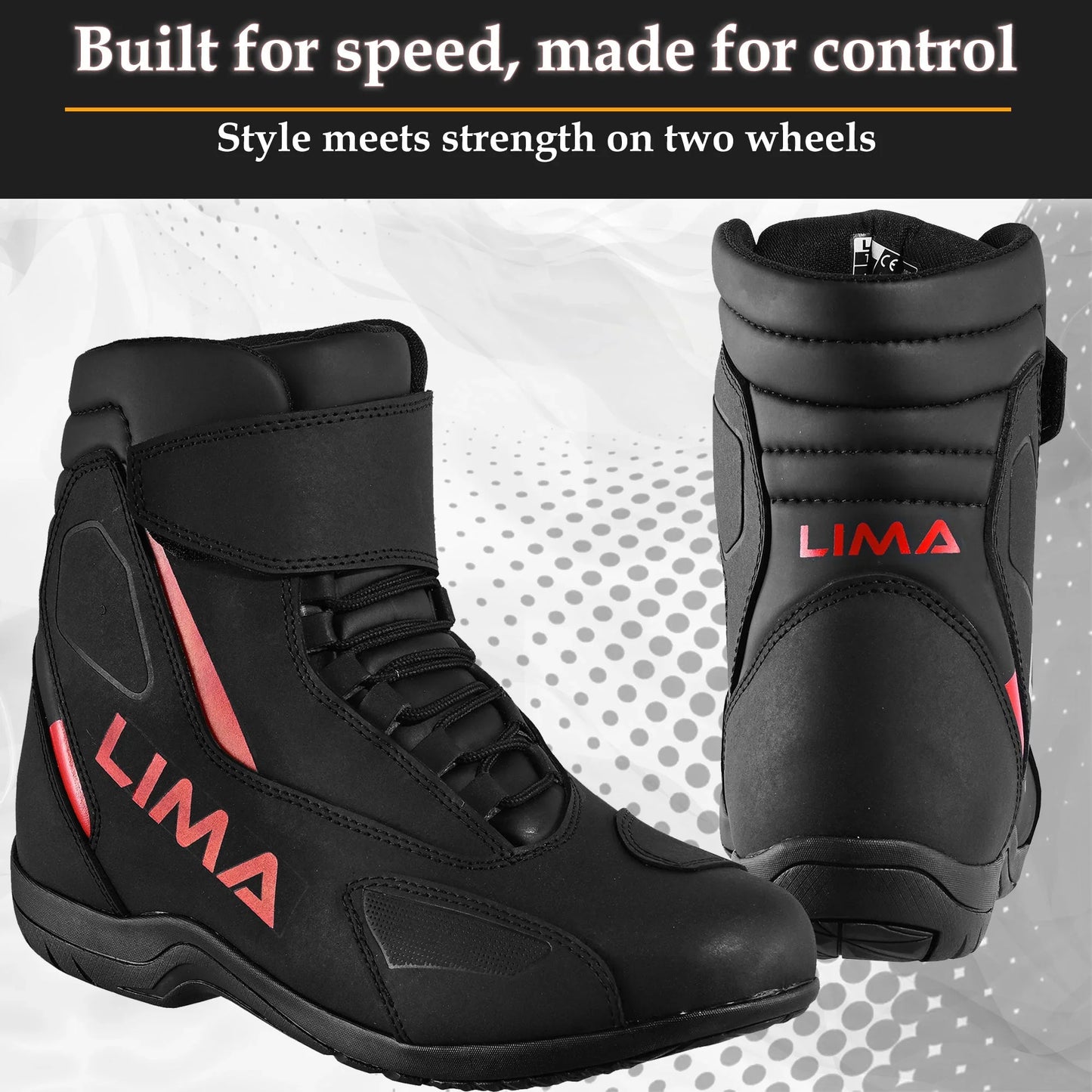 Black motorcycle riding boots with red LIMA logo, front and back view, modern design