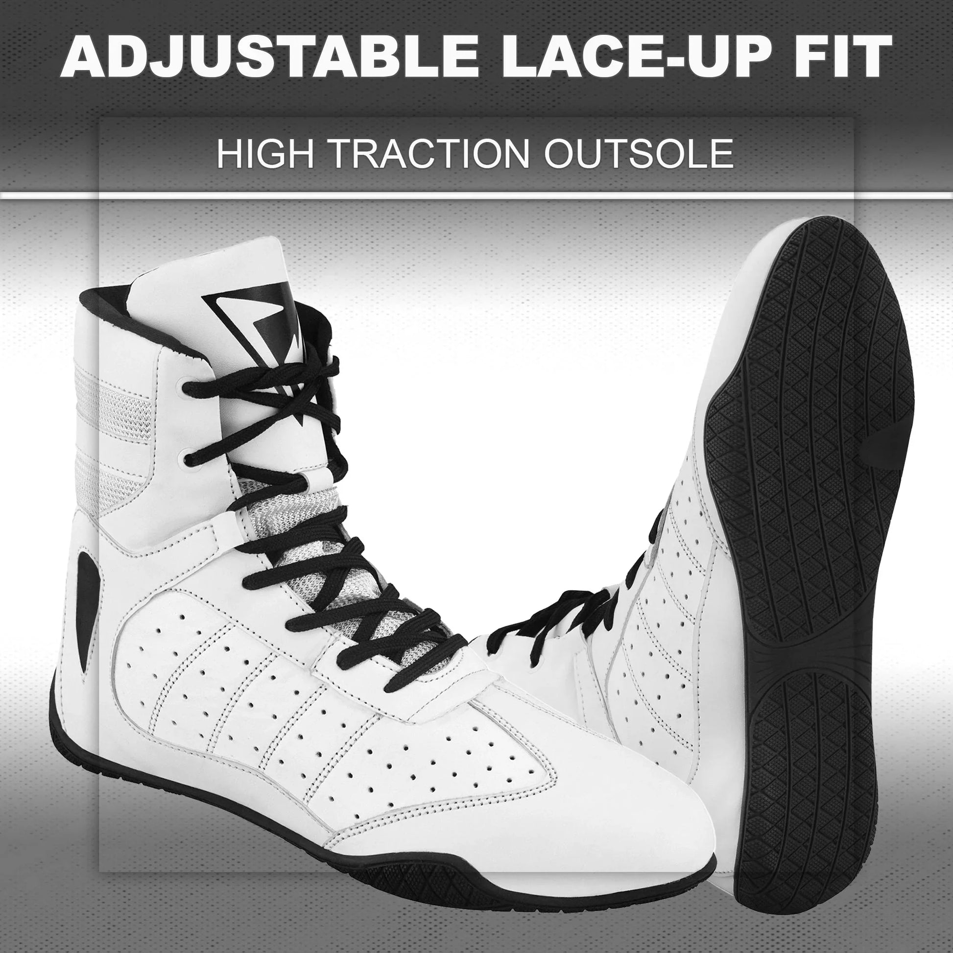 White high-top athletic shoes with black laces and high traction rubber outsoles