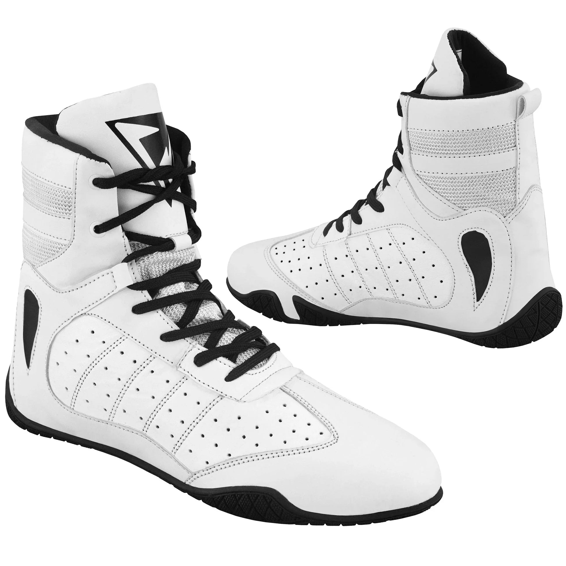 White high-top boxing shoes with black laces and perforated sides on a white background
