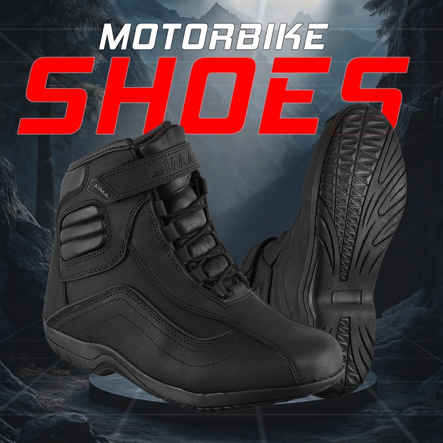 Black motorbike shoes with rugged sole and ankle protection on a mountain background