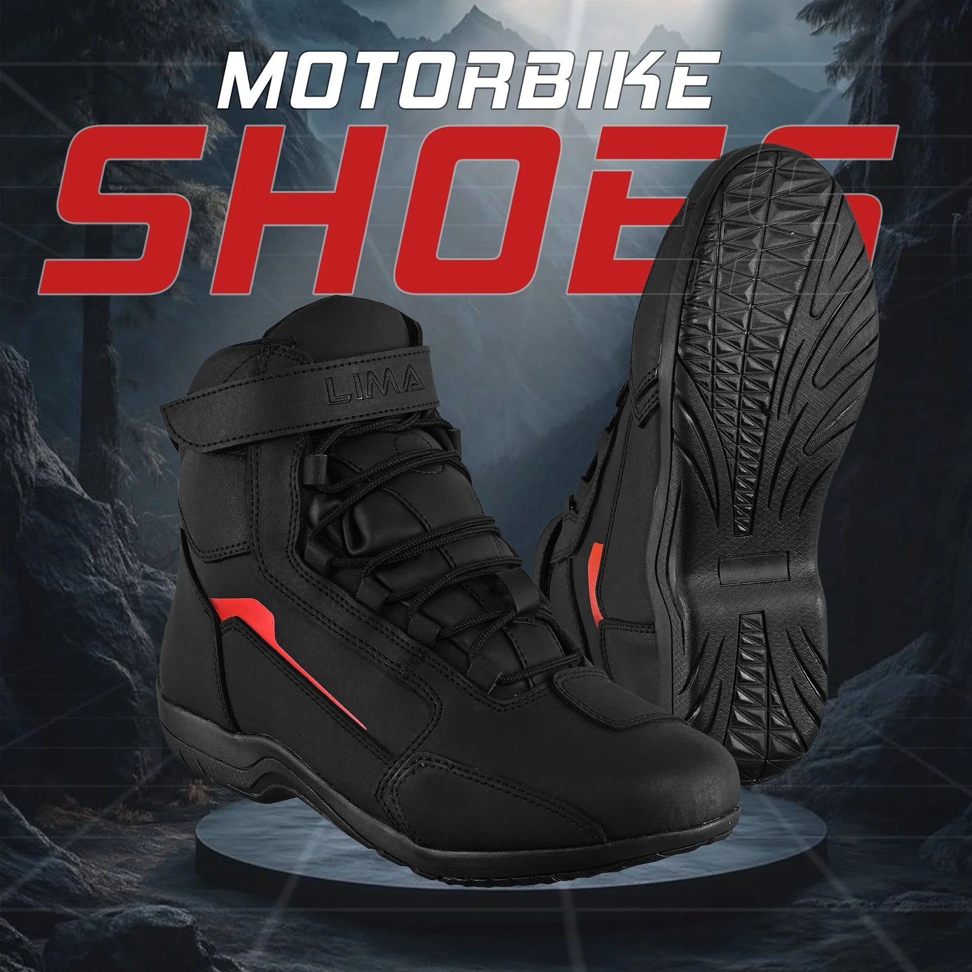 Black motorbike shoes with red accents, rugged sole, displayed on a mountain backdrop