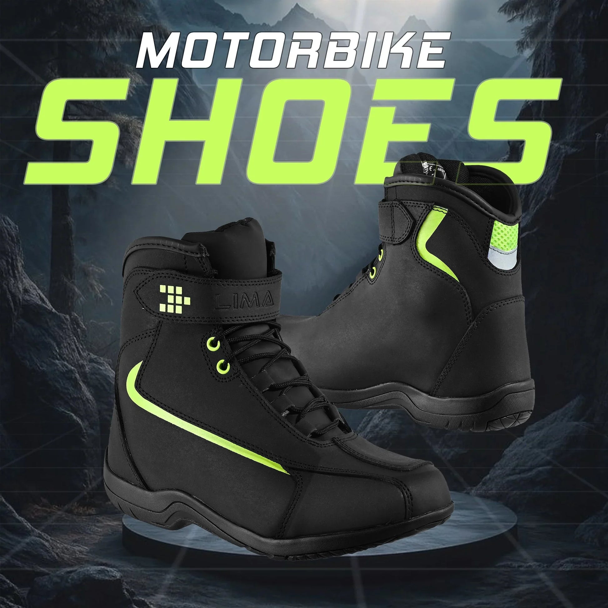 Black motorbike shoes with neon yellow accents and reflective details on a mountain background.