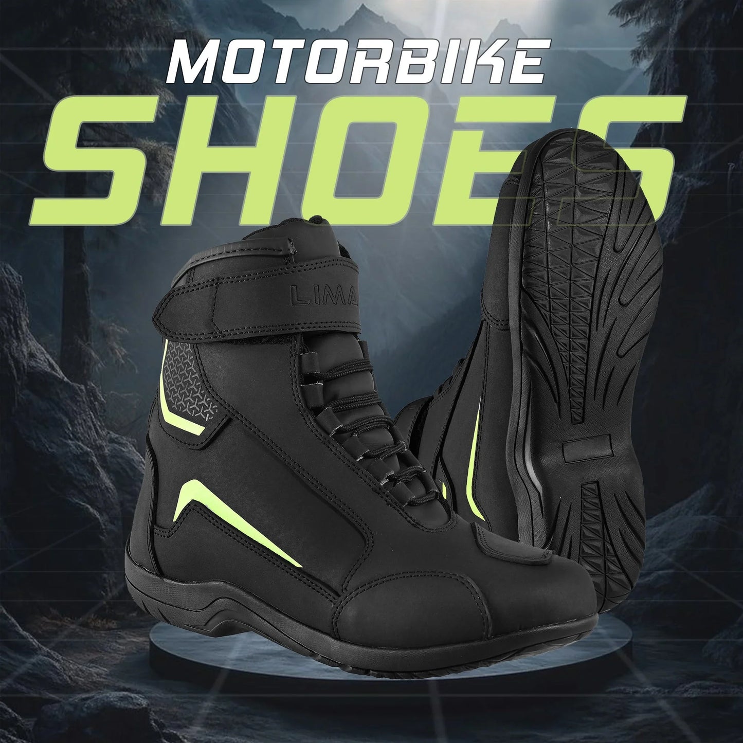Black motorbike shoes with neon accents, rugged sole, displayed in an outdoor setting
