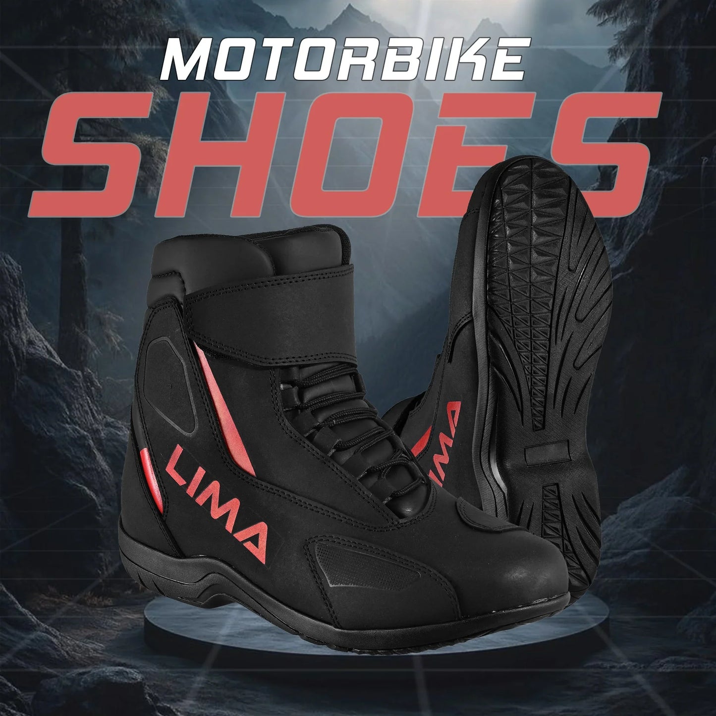 Black motorbike shoes with red accents and LIMA text, rugged sole, outdoor backdrop